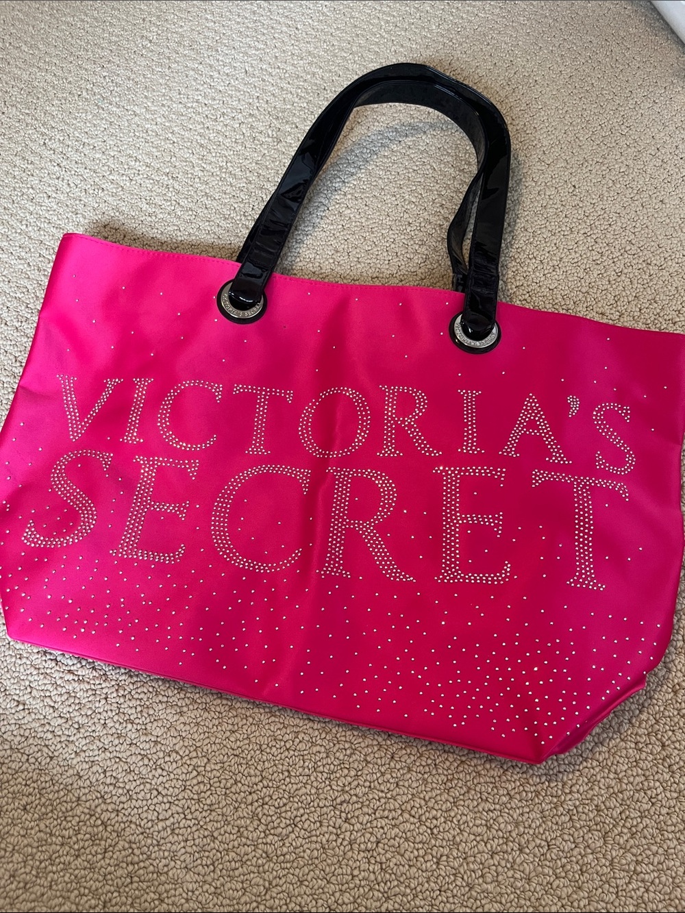 Victoria's Secret Bright Pink Rhinestone Logo Tote Bag Studded Patent Handles